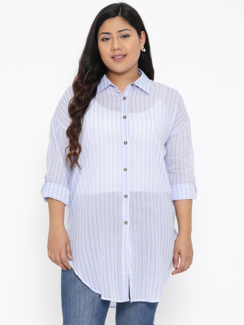 

The Pink Moon Plus Size Women Blue White Loose Fit Striped Semi-Sheer Longline Casual Shirt