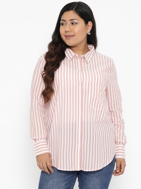 

The Pink Moon Plus Size Women Pink Off-White Semi Sheer Comfort Regular Fit Striped Casual Shirt