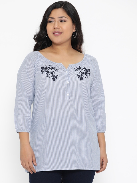 

The Pink Moon Plus Size Women Blue White Striped Top