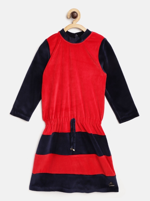 

Cherry Crumble Girls Red & Navy Colourblocked Velvet Finish Drop-Waist Dress