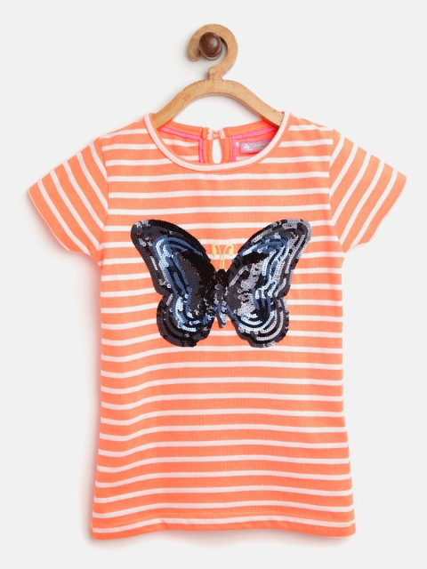 

Cherry Crumble Girls Coral Orange & White Striped Pure Cotton Top with Sequinned Detail