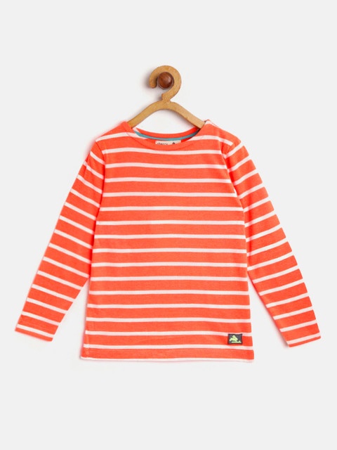 

Cherry Crumble Kids Coral Orange & White Striped Round Neck T-shirt