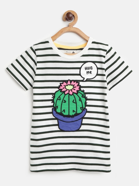 

Cherry Crumble Girls White & Green Striped Round Neck T-shirt with Applique Detail