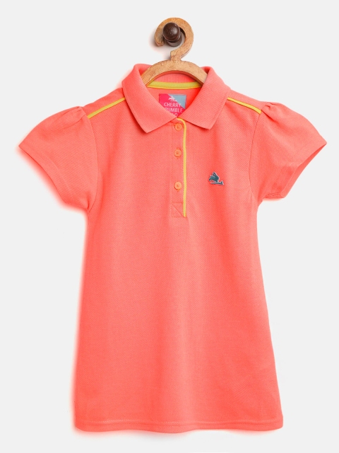 

Cherry Crumble Girls Coral Orange Solid Polo Collar T-shirt