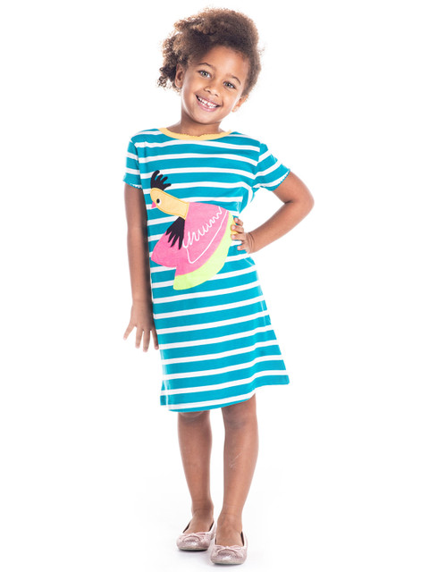 

Cherry Crumble Girls Blue & White Striped A-Line Dress with Quirky Printed Detail