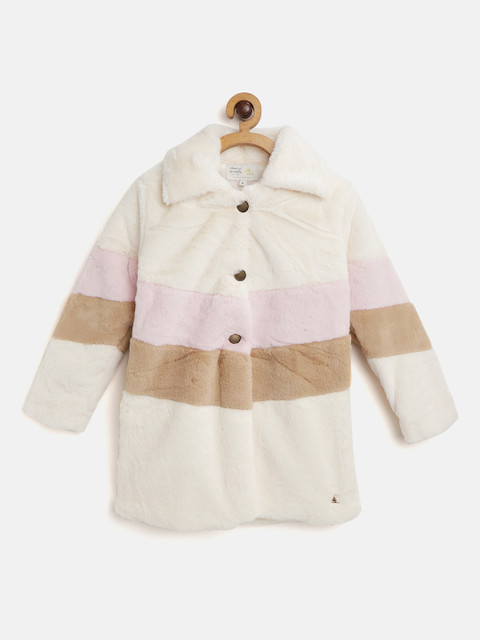 

Cherry Crumble Girls Cream-Coloured & Pink Striped Fuzzy Coat