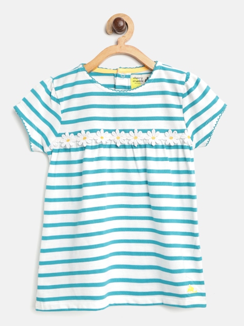 

Cherry Crumble Girls White & Teal Green Striped A-Line Pure Cotton Top