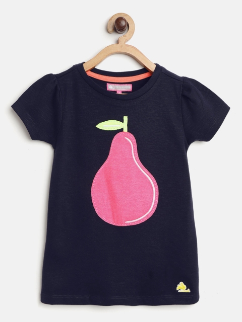 

Cherry Crumble Girls Navy Blue & Pink Applique Round Neck T-shirt