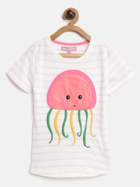 

Cherry Crumble Girls White & Pink Striped Round Neck T-shirt with Applique Detail