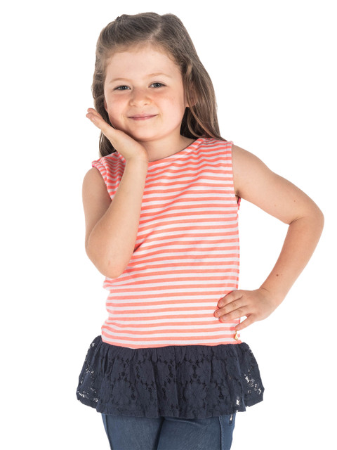 

Cherry Crumble Girls Coral Orange & White Candy Striped A-Line Pure Cotton Top with Lace Inserts