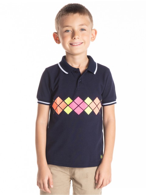 

Cherry Crumble Boys Navy Blue Printed Polo Collar T-shirt