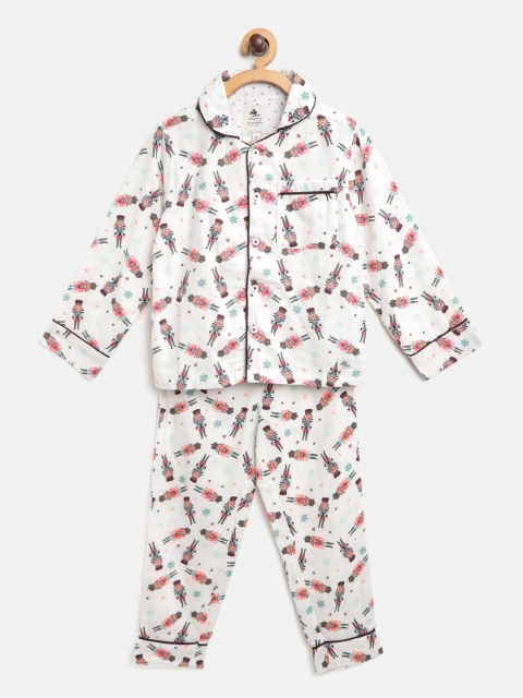 

Cherry Crumble Kids White & Coral Pink Printed Night Suit