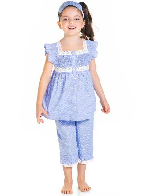 

Cherry Crumble Girls Blue & White Printed Night Suit with Sleep Eye Mask