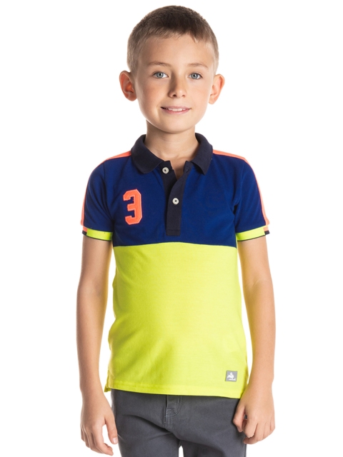 

Cherry Crumble Boys Navy Blue & Yellow Colourblocked Polo Collar T-shirt