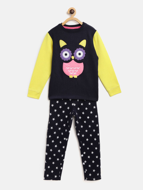 

Cherry Crumble Girls Navy Blue & Yellow Self Design Night Suit