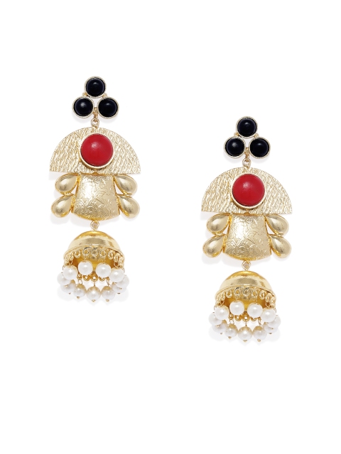 

ARUS Gold-Toned & Red Dome Shaped Jhumkas