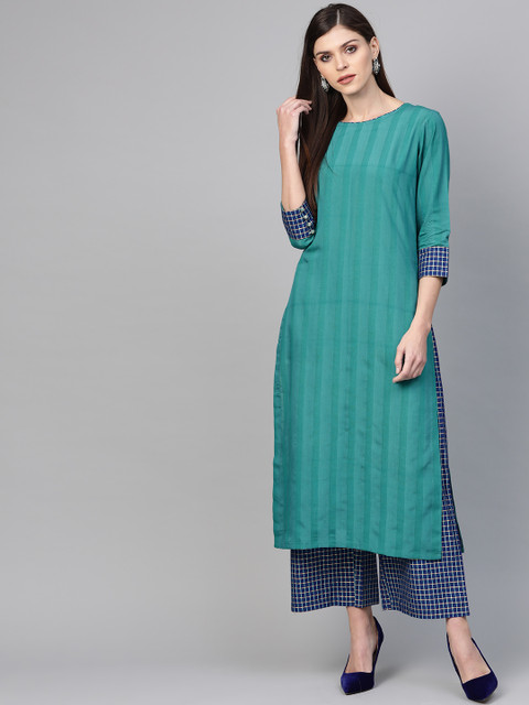 

Indo Era Women Green & Blue Self Striped Kurta with Palazzos