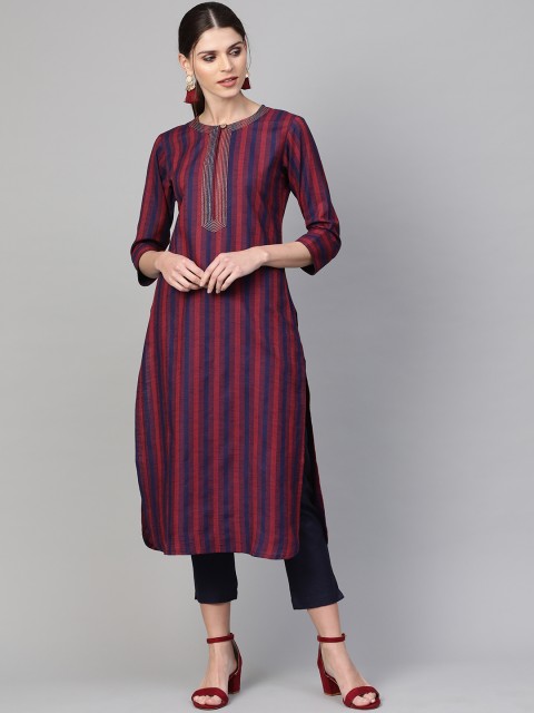 

Indo Era Women Rust Red & Navy Blue Striped Straight Kurta