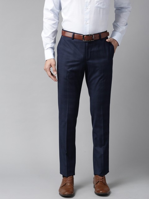 

Blackberrys Men Navy Blue Sharp Regular Fit Checked Formal Trousers