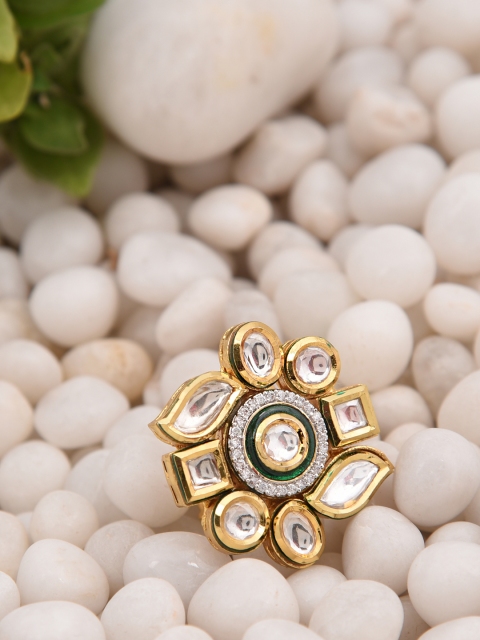 

FIROZA Green Gold-Plated Vilandi Kundan-Studded Enamelled Adjustable Finger Ring