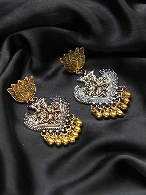 

FIROZA Oxidised German Silver Antique Gold-Toned Textured Floral Drop Earrings