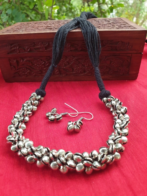 

FIROZA German Silver Black Tribal Jewellery Set with Ghoongru Detailing
