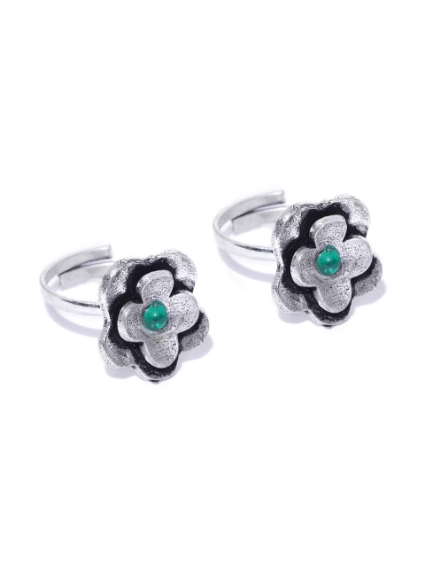 

FIROZA Set of 2 Oxidised Silver-Toned & Green Stone-Studded Floral Adjustable Toe Rings