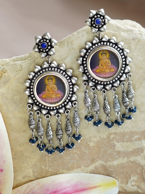 

FIROZA Oxidised German Silver Blue & Pink Buddha Circular Drop Earrings