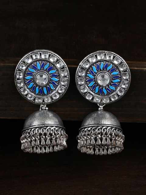 

FIROZA Oxidised German Silver Blue Stone-Studded Enamelled Dome Shaped Jhumkas