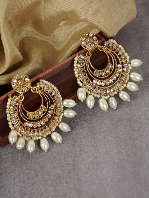 

FIROZA Gold-Toned & White Stone-Studded & Beaded Crescent Shaped Chandbalis