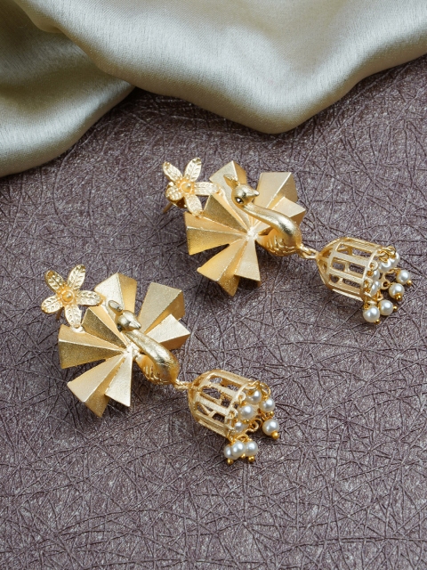 

FIROZA Gold-Toned Beaded Peacock Shaped Drop Earrings