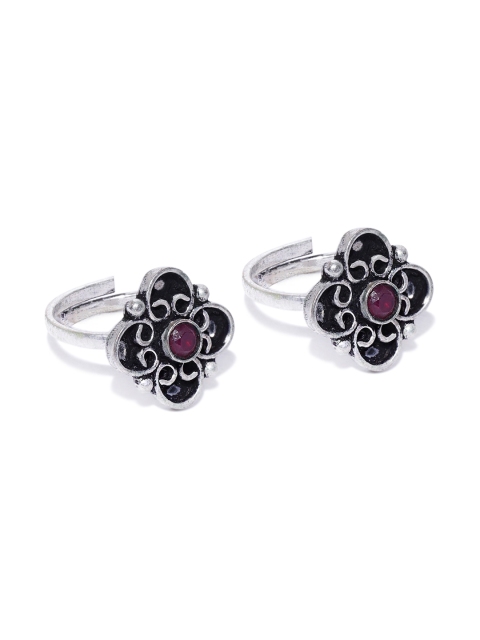 

FIROZA Set of 2 Oxidised Silver-Toned & Burgundy Stone-Studded Adjustable Toe Rings