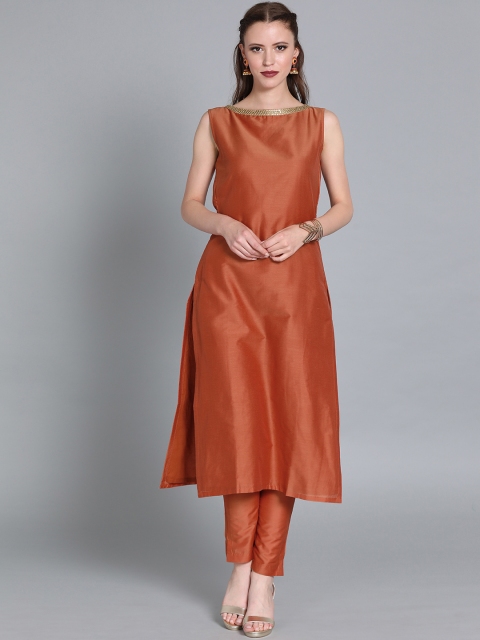 

EthnoVogue Women Rust Orange Solid Made To Measure Kurta with Trousers
