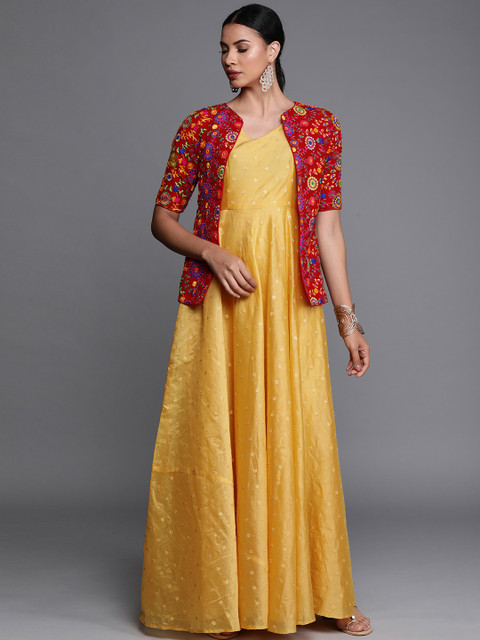 

Bollywood Vogue Women Mustard Yellow Embroidered Made To Measure Maxi Dress with Jacket