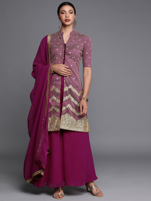 

Bollywood Vogue Women Beige & Magenta Embellished Made To Measure Kurta with Palazzos