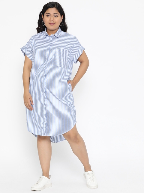 

The Pink Moon Plus Size Women Blue White Striped Shirt Dress