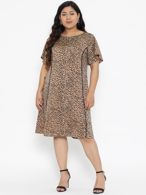 

The Pink Moon Plus Size Women Beige Black Printed Satin Finish A-Line Dress