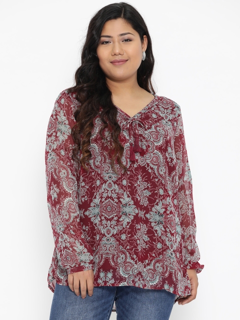

The Pink Moon Plus Size Women Maroon Green Printed Top