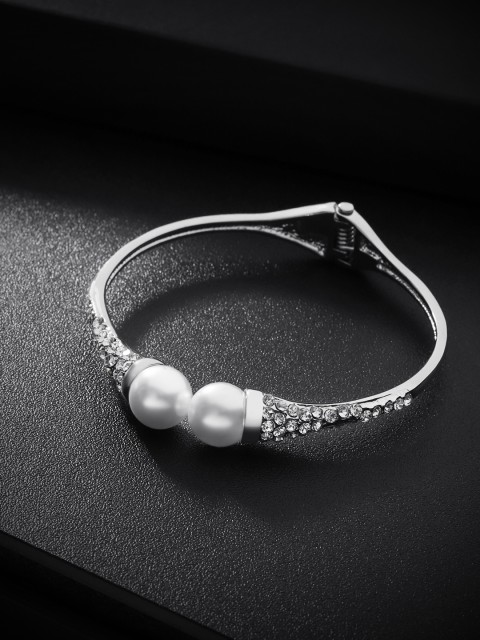 

Carlton London Silver-Toned Rhodium-Plated Stone-Studded & Beaded Cuff Bracelet