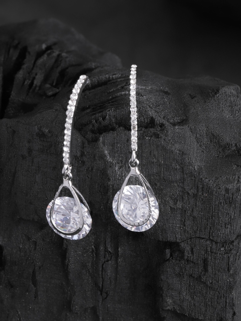 

Carlton London Silver-Toned Rhodium-Plated CZ-Studded Teardrop Shaped Drop Earrings