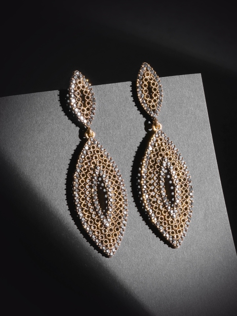 

Carlton London Gunmetal-Toned Antique Gold-Plated CZ Studded Geometric Drop Earrings