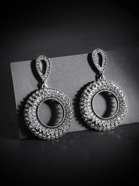 

Carlton London Oxidised Silver-Toned Rhodium-Plated CZ Studded Circular Drop Earrings
