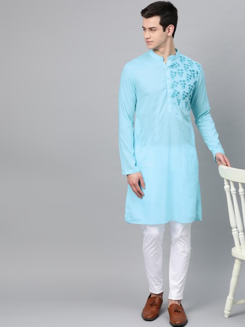 

See Designs Men Turquoise Blue Embroidered Detail Straight Kurta
