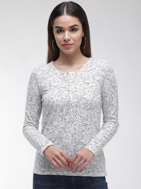 

Marks & Spencer Women White & Navy Blue Printed Henley Neck T-shirt
