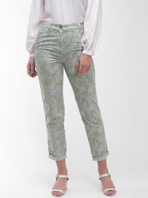 

Marks & Spencer Women Green & Lavender Tapered Fit Printed Regular Trousers