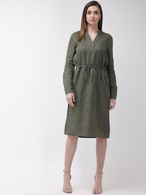 

Marks & Spencer Women Olive Green Solid Linen A-Line Dress