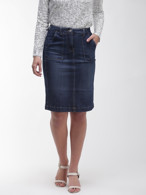 

Marks & Spencer Women Black Solid Denim A-Line Skirt, Blue