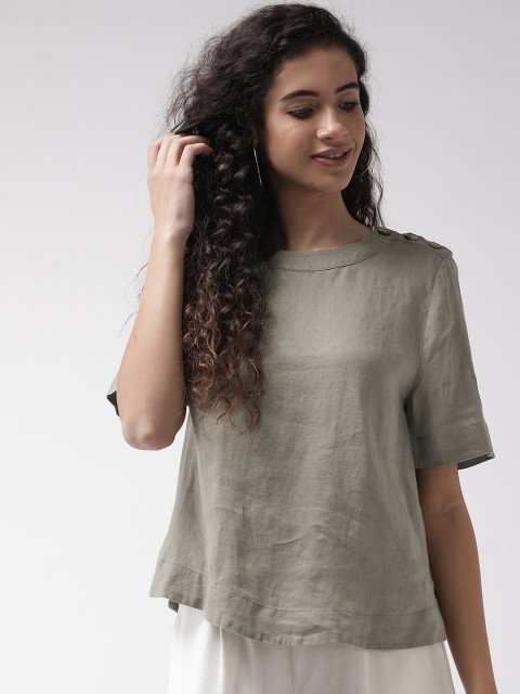 

Marks & Spencer Women Olive Green Linen Solid Top