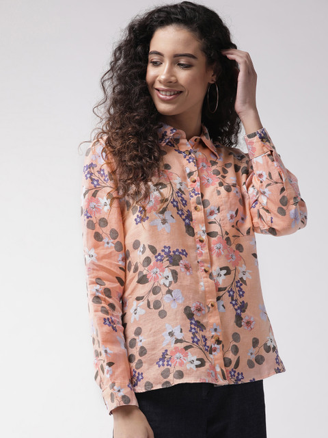 

Marks & Spencer Women Peach-Coloured & Charcoal Grey Linen Floral Print Casual Shirt