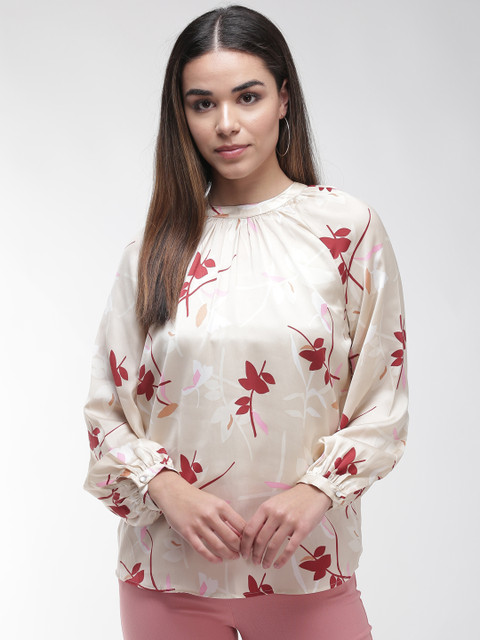 

Marks & Spencer Women Beige & Maroon Floral Print Top